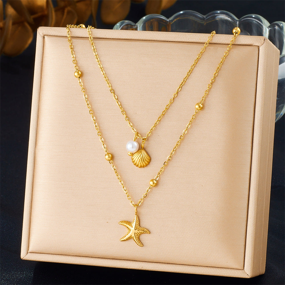 Fashionable And Simple Stacking Double Chain Stainless Steel Gold-Plated Starfish Scallop Pearl Accessories Design Necklace