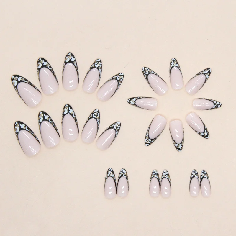 Churchf Churchf Girl Almond Nail Black Leopard Print French Flash Pink Nail Ins Wind Fake Round Fingernail Piece