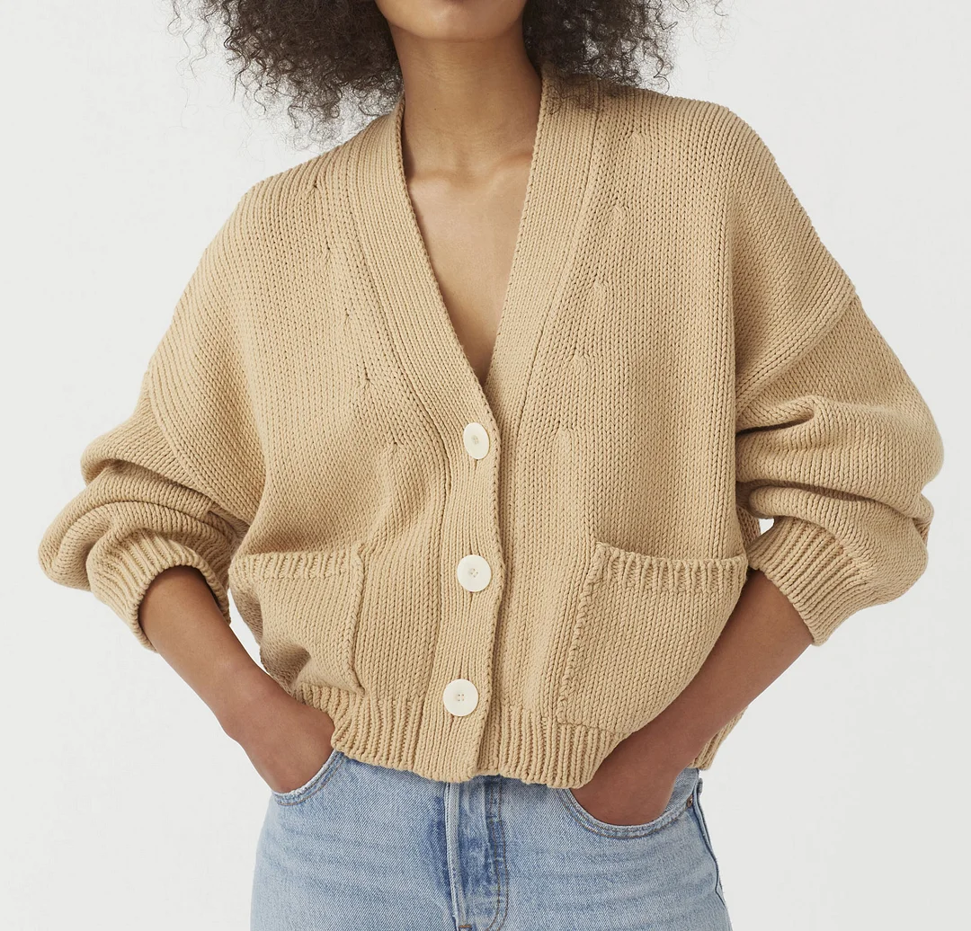 Mongw Mongw / Winter New Sweater Women's Long Sleeve Pocket Single Breasted V-Neck Knit Cardigan