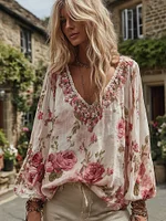 Women's Roses Print V-neck Long Sleeve Linen Blend T-shirt