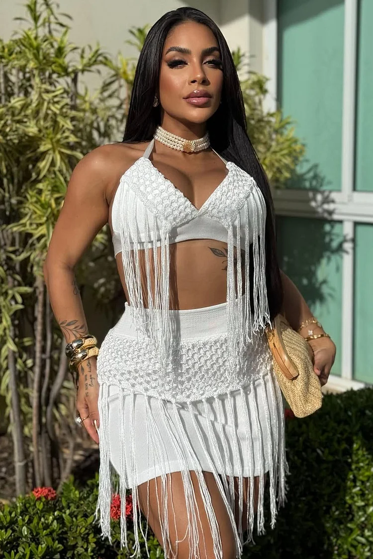 Halter Bikini Top Crochet Fringe Mini Skirt Vacay 2pcs Set-White [Pre Order]