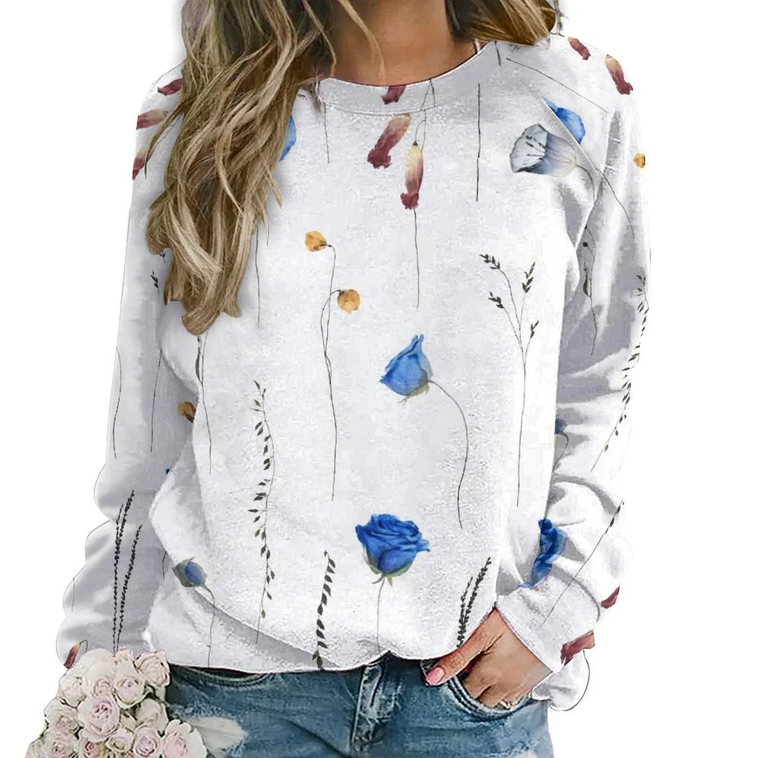 Printed Long Sleeve Casual Sweatshirt for  Women and Men Unisex Pattern Floral, Blue, Rose