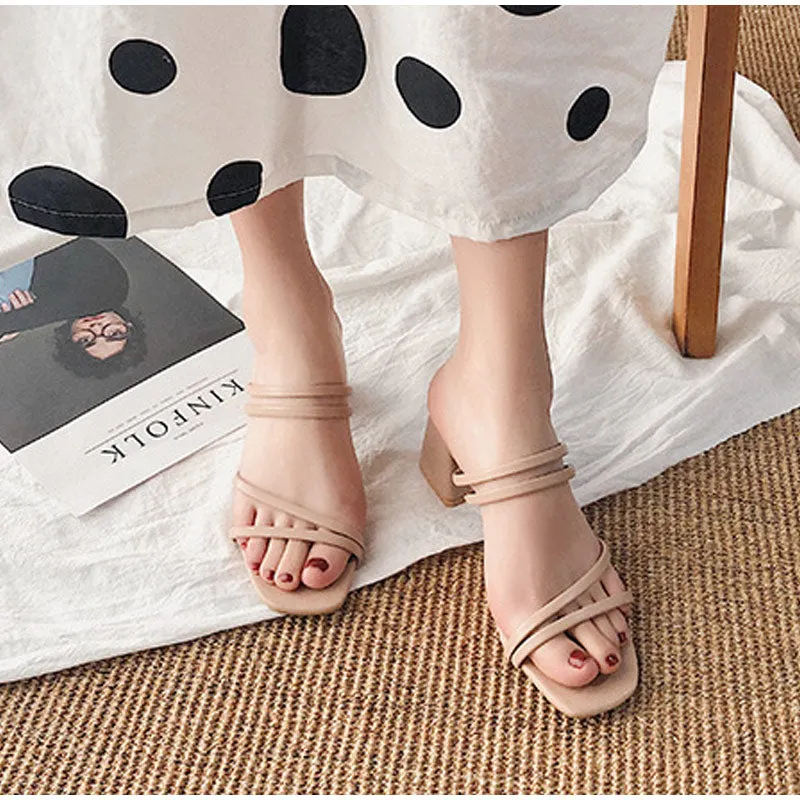 Women Sandals Ladies Square Heels Elegant Summer Slippers Outside Cross Tied Leather Female Slides 2022 Fashion Woman Sandals