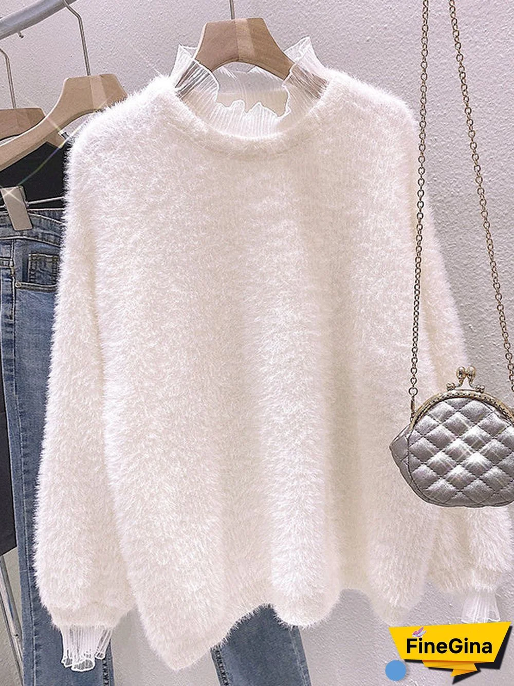 Women's Long Sleeve Scoop Neck Lace Stitching Knit Seawter Tops