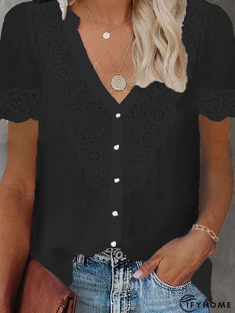 Womens Shirt Blouse Black White Pink Plain Lace Patchwork Short Sleeve Daily Weekend | IFYHOME