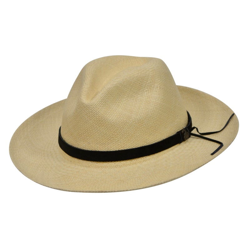 Original online Panama Hat - Wide Brim Fedora - Natural Straw - Brown Leather Band - Handmade in Ecuador by Ecua-Andino - EA - HatBox Included