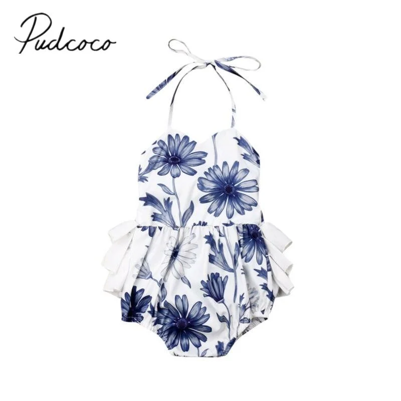 2019 Baby Summer Clothing Newborn Baby Girl Floral Clothes Strap Jumpsuit Floral Bodysuit Backless Sunsuit Lace Ruffled Outfit
