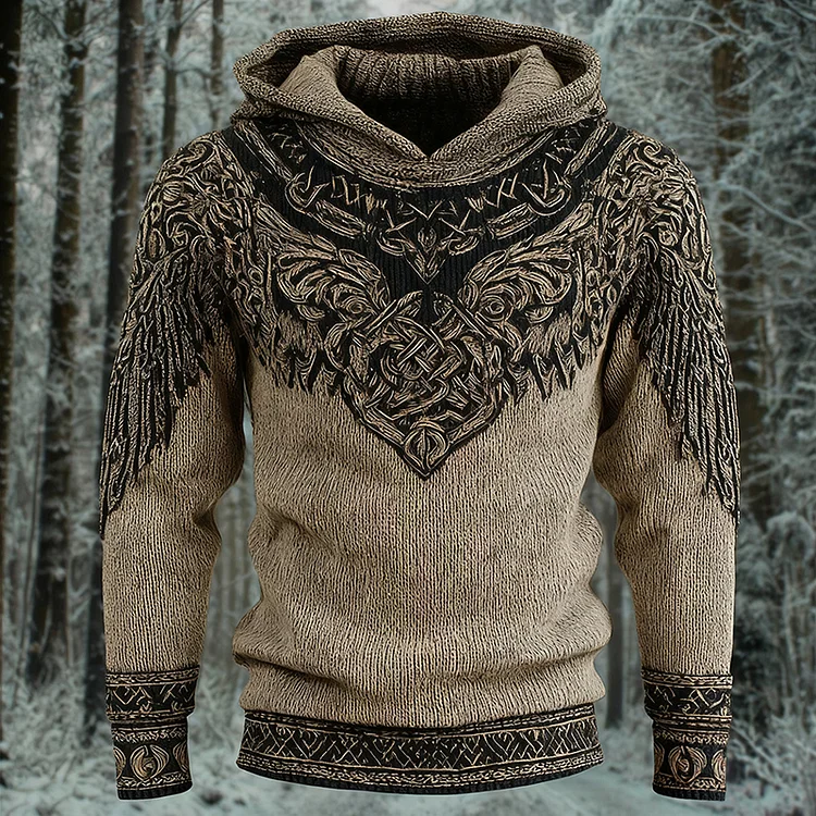 Men's Retro Viking Wings Celtic Knot Print Knit Hooded Sweater