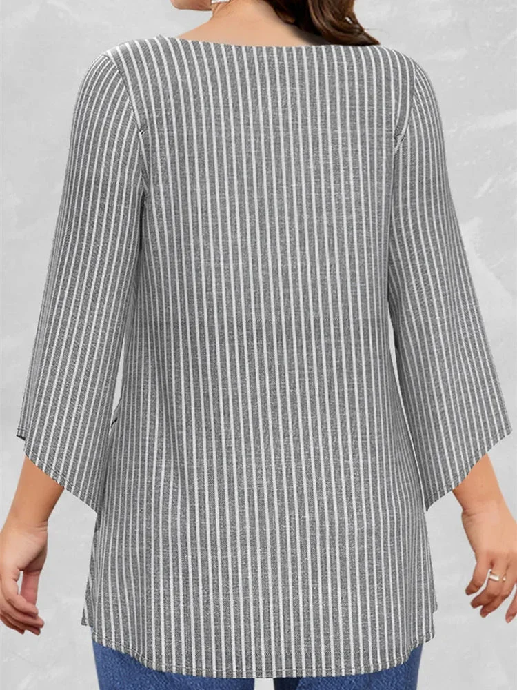 Women Asymmetrical Long Sleeve V-neck Striped Graphic Top