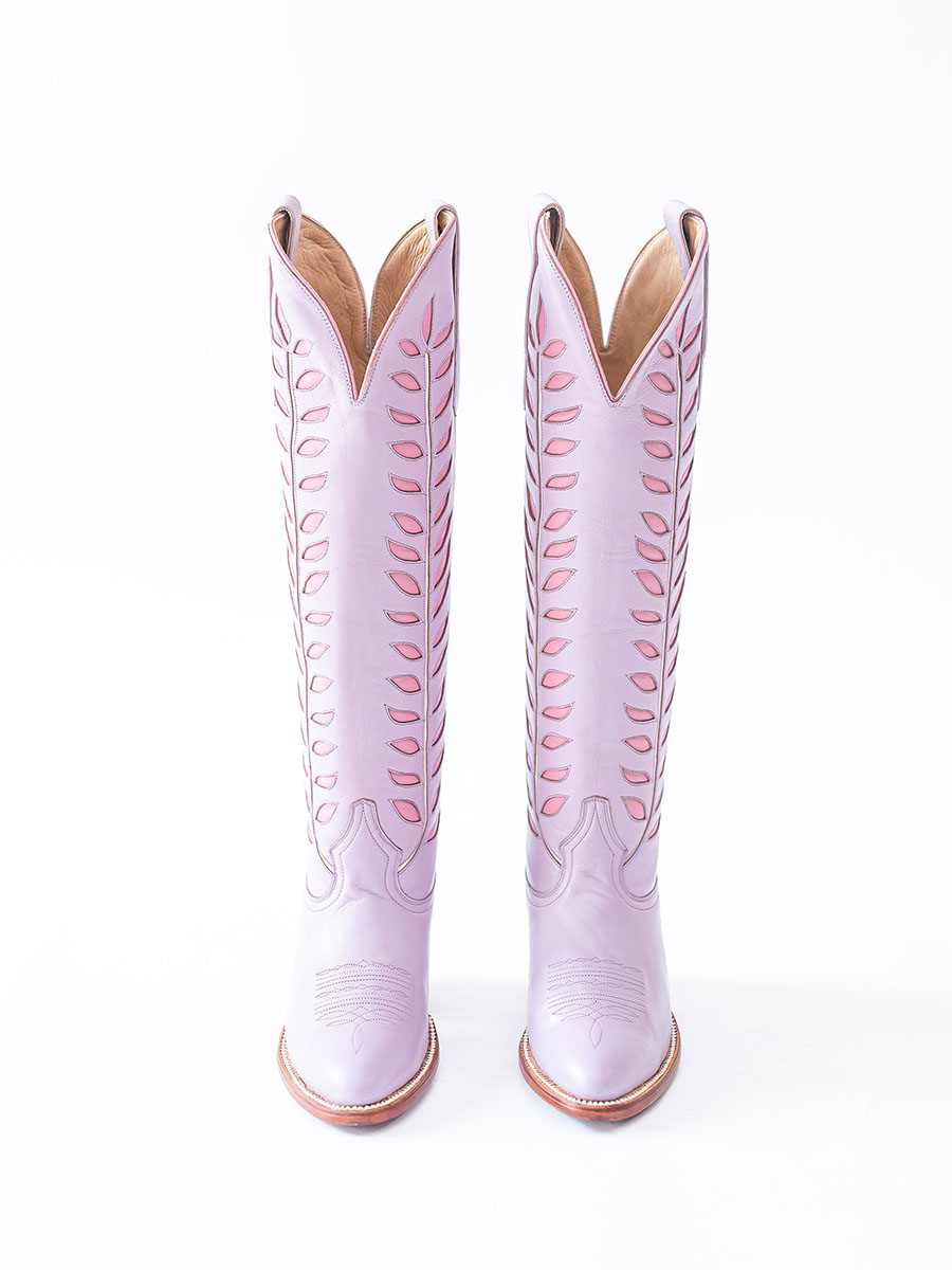 Lavender Almond Toe Chunky Heel Pink Leaves Inlay Knee Cowgirl Boots