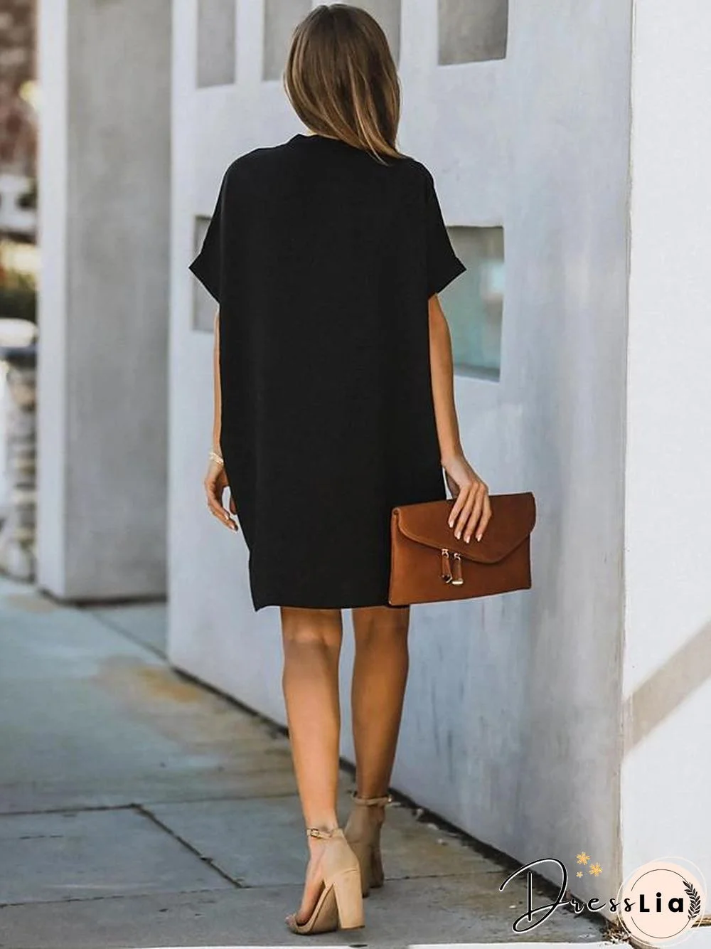 Women's Shift Dress Knee Length Dress Short Sleeve Solid Color Patchwork Fall Summer Hot Streetwear Oversized Black Wine S M L XL XXL Black Dresses