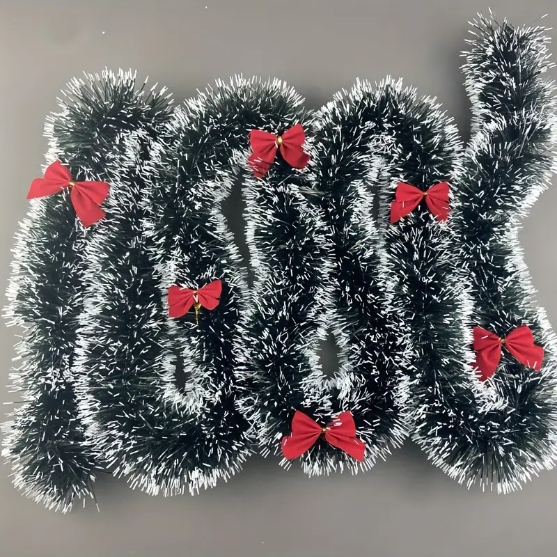 Tegooe Classic Christmas Tinsel Garland and Red Bow Set - Festive Tree Hanging Decorations