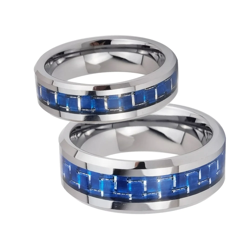 6MM 8MM Mens Women Blue Carbon Fiber Tungsten Rings Silver Plated Couple Wedding Brushed Finish