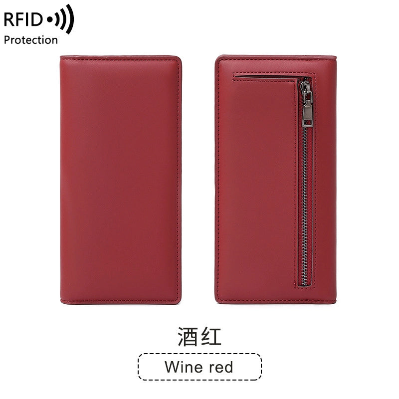 RFID Anti-theft Brush Women’s Wallet New PU Solid Color Ultra-thin Credit Card Holder Zipper Hasp Long Wallet