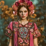 Day Of The Dead Sugar Skull Roses Floral Embroidered Contrast Linen Shirt - Image 2