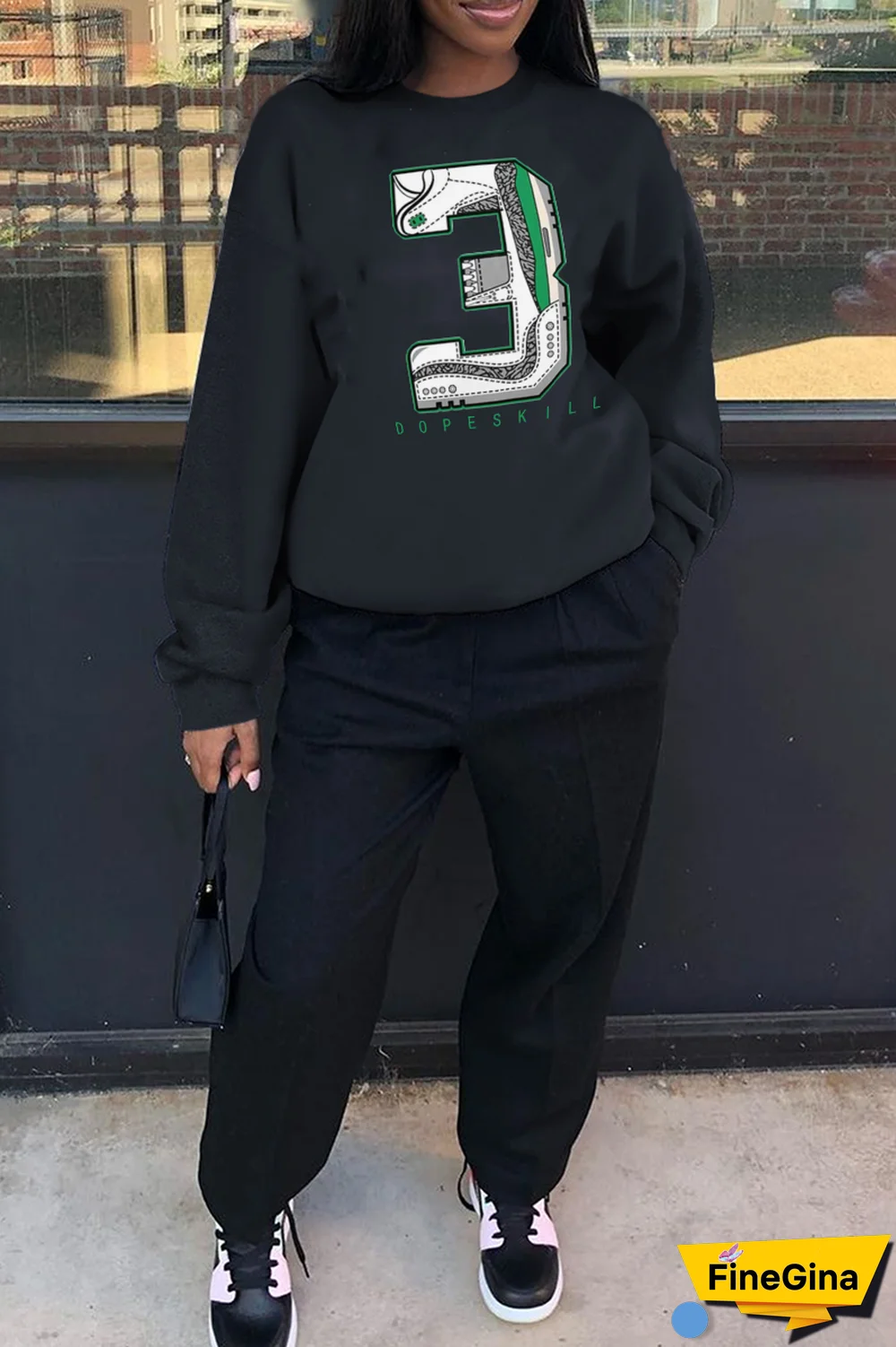 Black Casual Daily Print Patchwork O Neck Tops