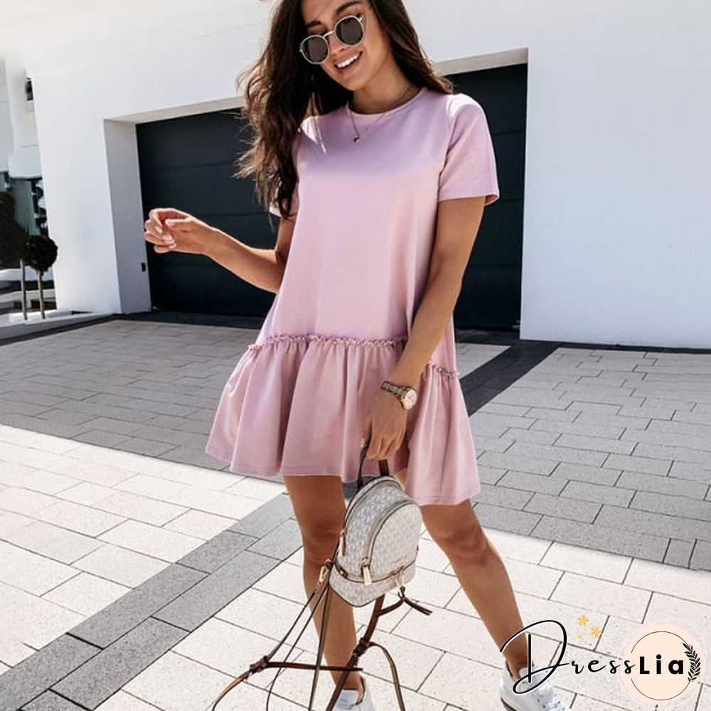 Loose Casual Short Sleeve Mini Dress Women Summer O-neck White Black Ruffles Big Hem Beach