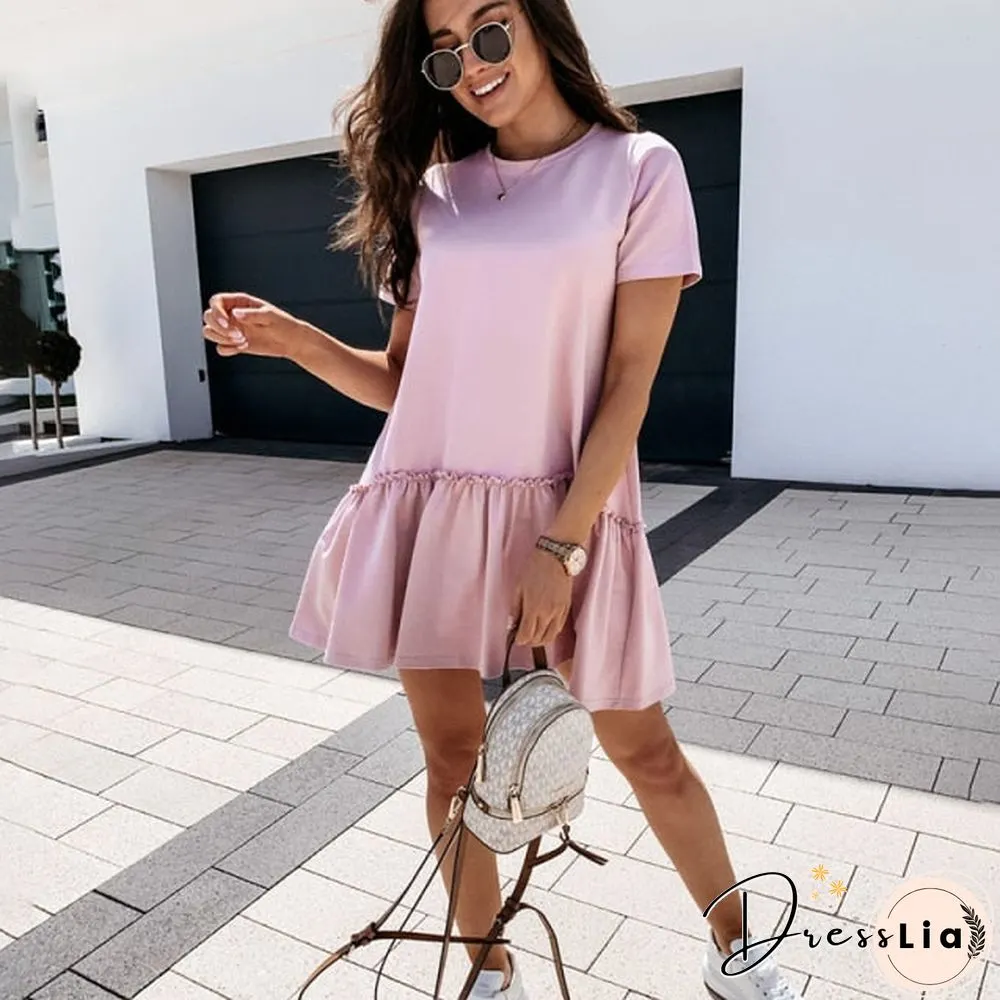 Loose Casual Short Sleeve Mini Dress Women Summer O-neck White Black Ruffles Big Hem Beach
