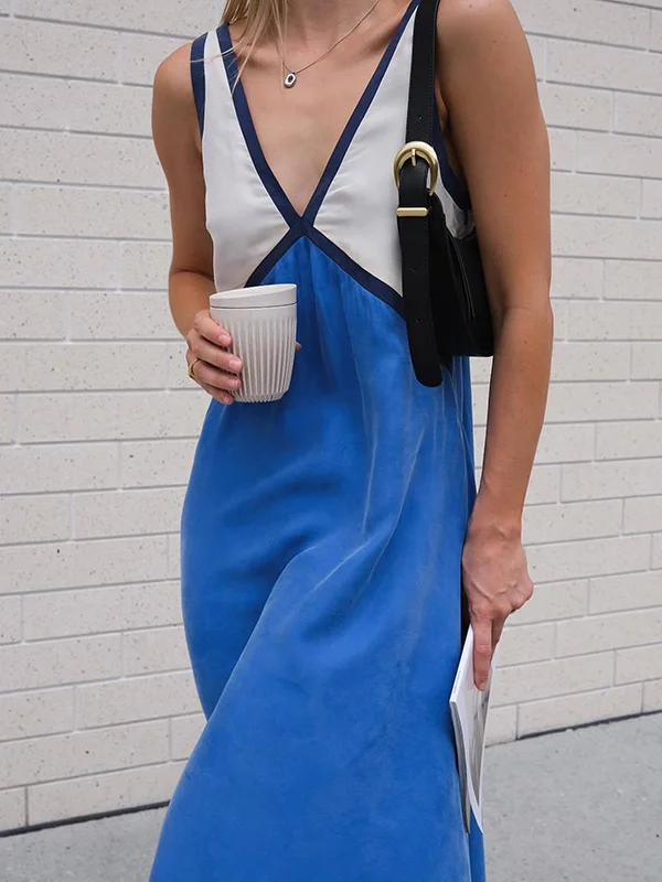 Contrast Color Split-Joint Loose Sleeveless Deep V-Neck Maxi Dresses