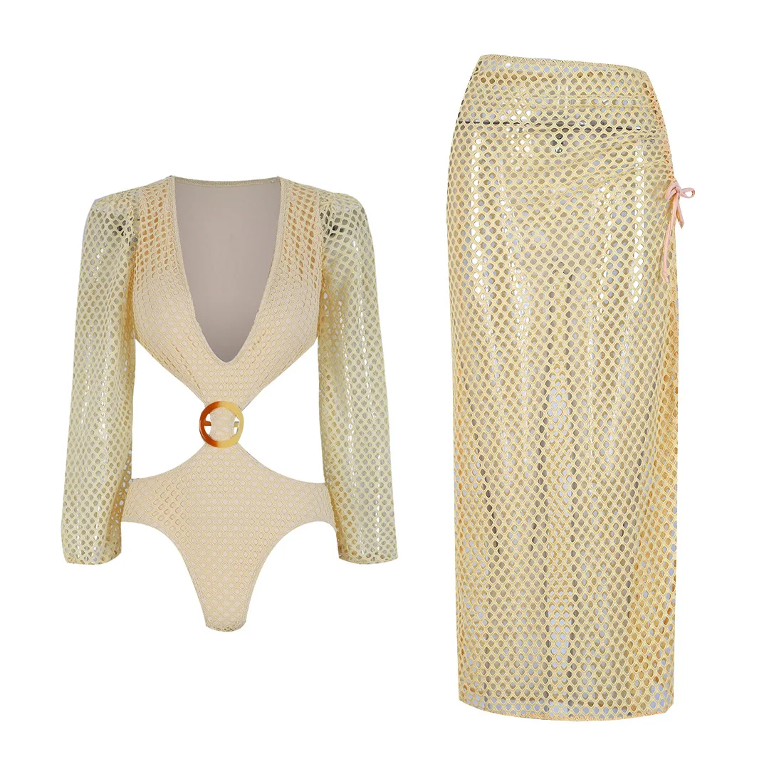 Billionm 2025 New Long-Sleeved Swimsuit Women's Half-Dress Two Sets Of Mesh Sexy Hollow