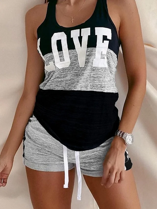 Women's Tank Top Shorts Sets Sweat Shorts Basic Pink Dark Navy Casual Daily Leopard Color Block Print U Neck S M L XL | IFYHOME