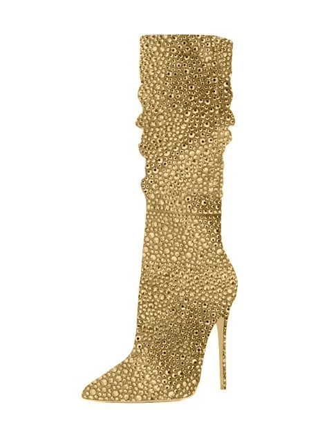 Golden Slouch Boots Pointed toe Strass Stiletto Booties |FSJ Shoes