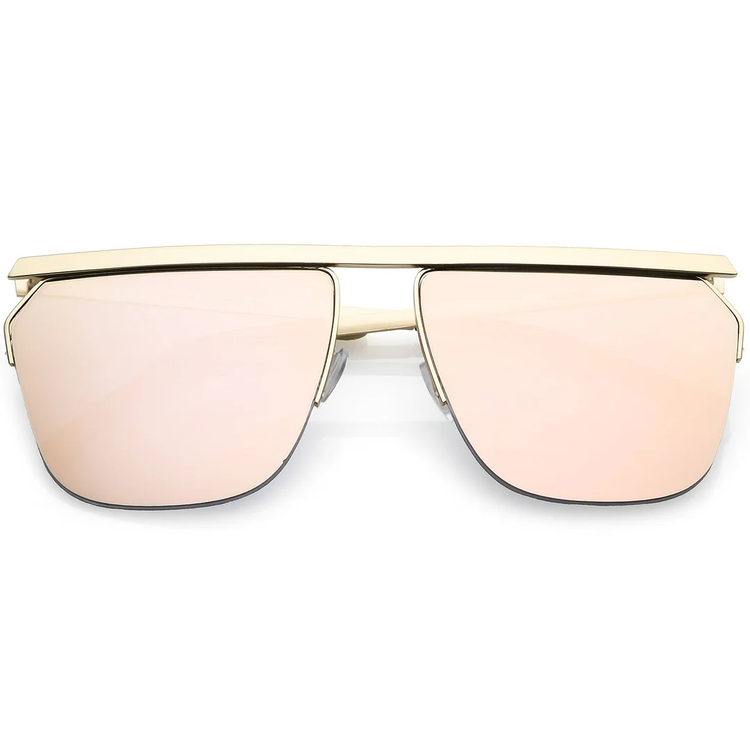 Overesize Modern Semi Rimless Aviator glasses Straight Crossbar Color Mirrored Flat Lens 63mm