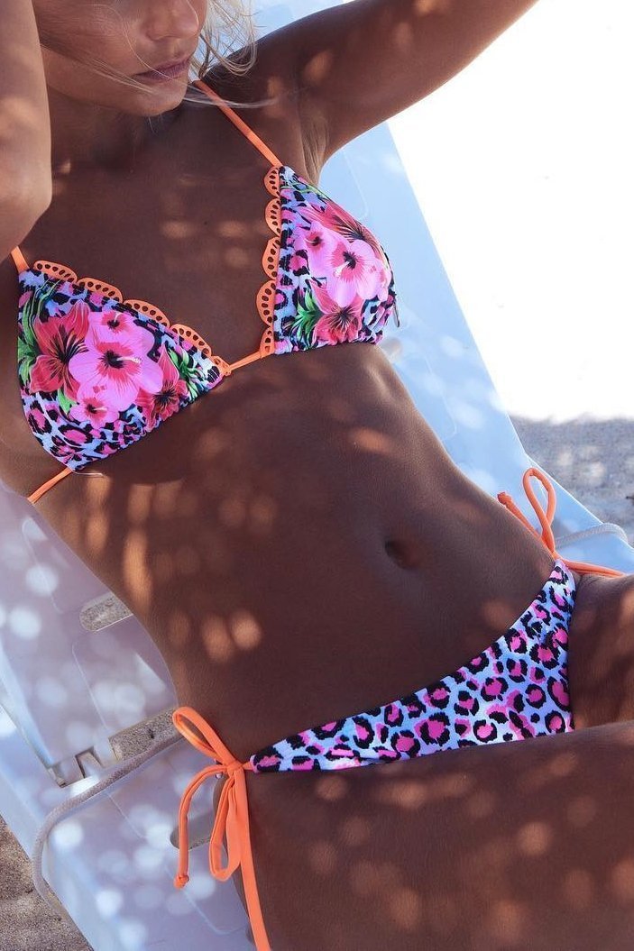 Pink Triangle String Halter Floral Leopard Print Sexy Cheeky Bikini Swimsuit-elleschic