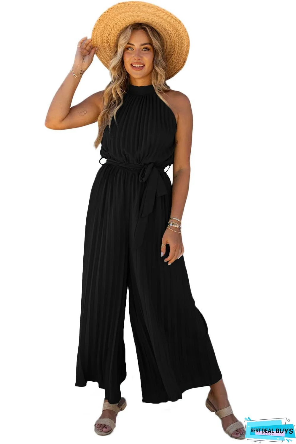 Halter Neck Pleated Wide Leg Jumpsuit with Belt