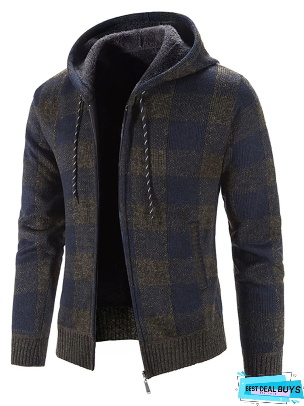 Men's Plaid Color Matching Hooded Loose Long Sleeve Sweater Coat