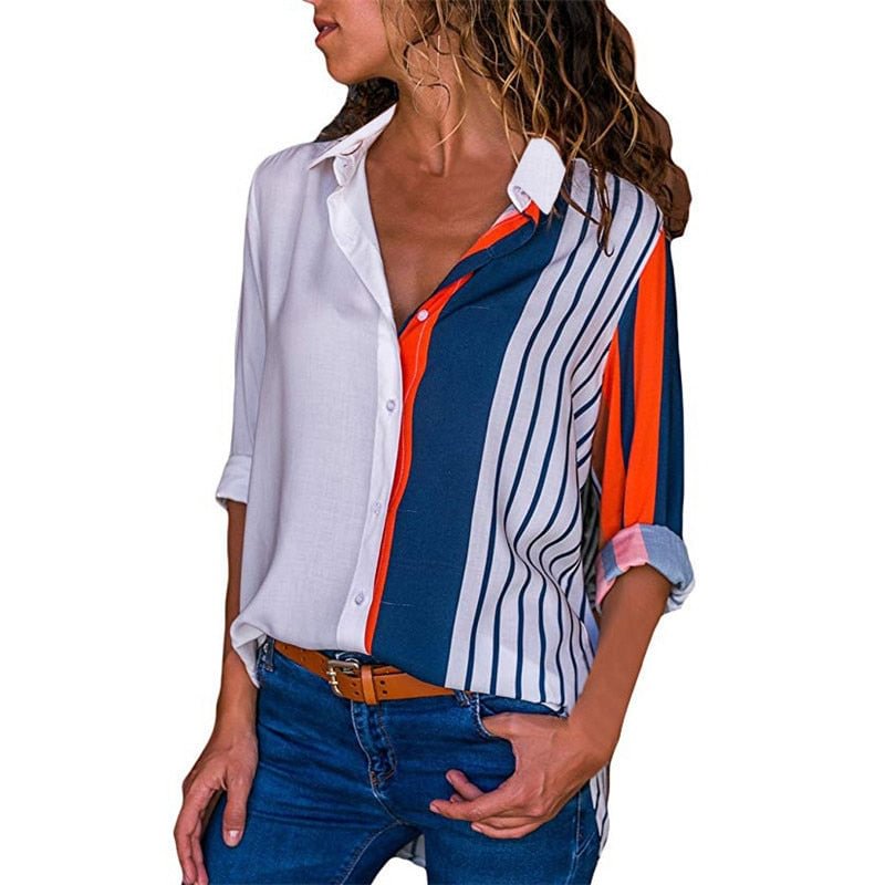 Aachoae Women Striped Blouses Long Sleeve Blouse Turn Down Collar Lady Office Shirt Casual Tops Blusas Blouse et Chemisier Femme