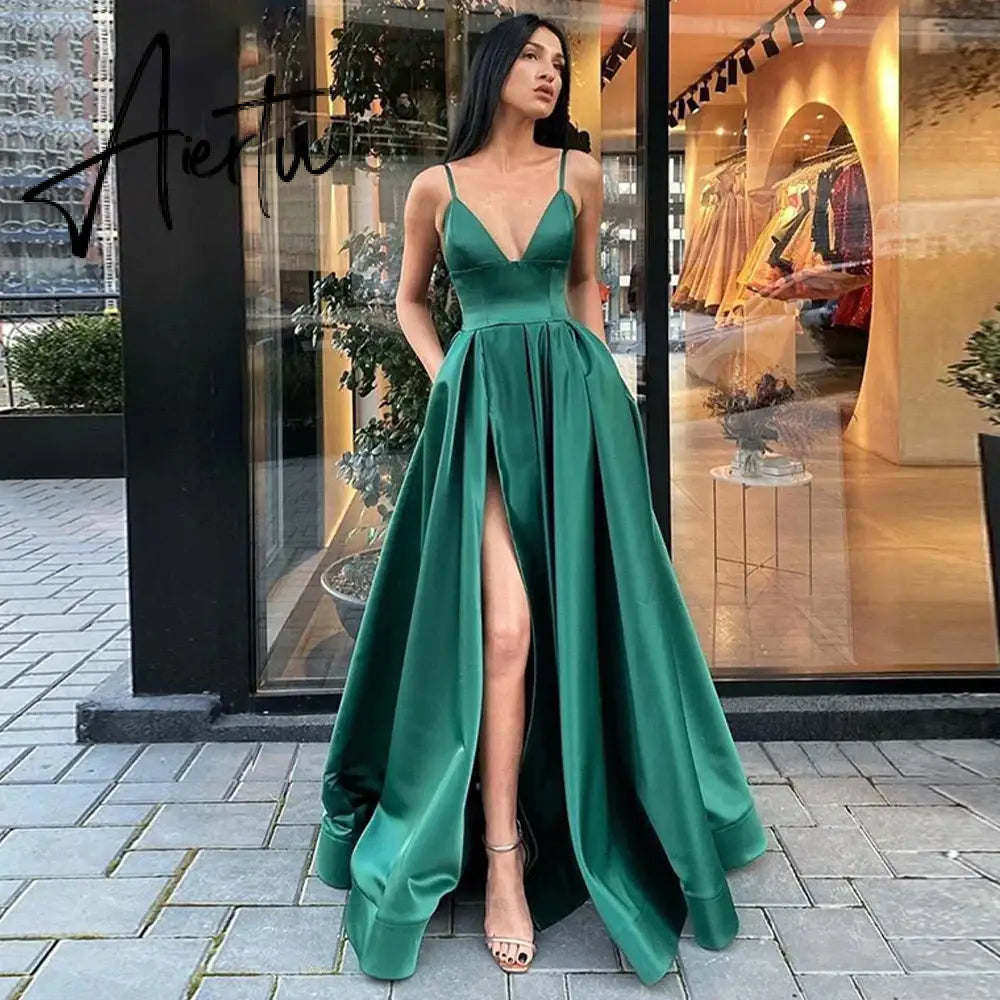 Aiertu Sexy V Neck Satin Evening Dresses Spaghetti Strap Side Slit Prom Dress High Waist Evening Gowns Party Dress Robe De Soiree Aiertu