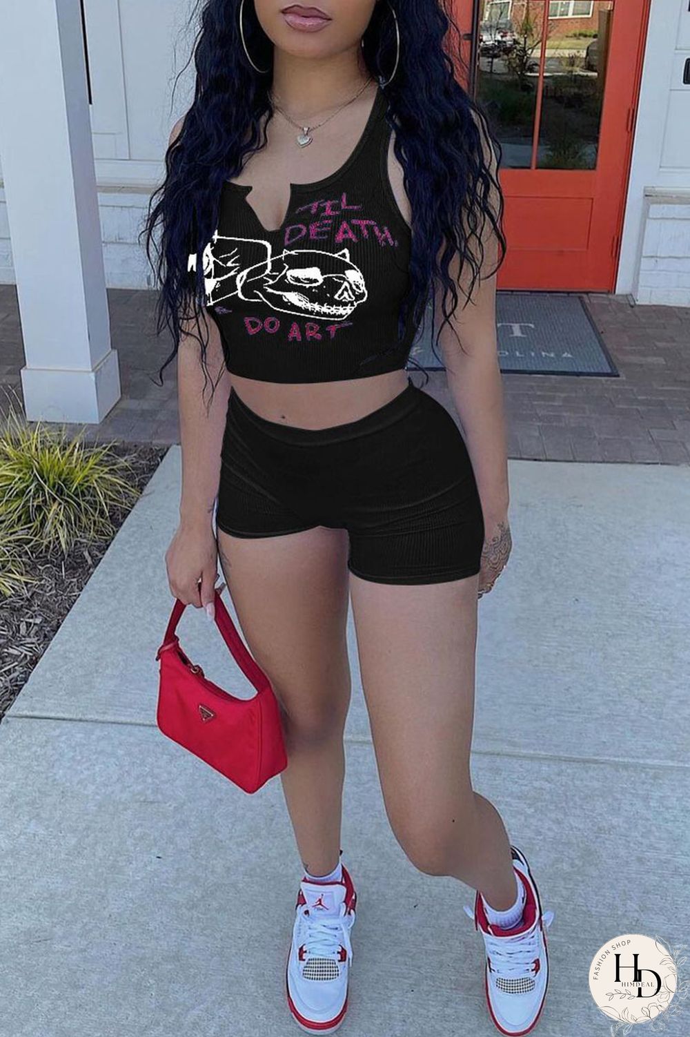 Black Casual Print Split Joint Spaghetti Strap Sleeveless Two Pieces