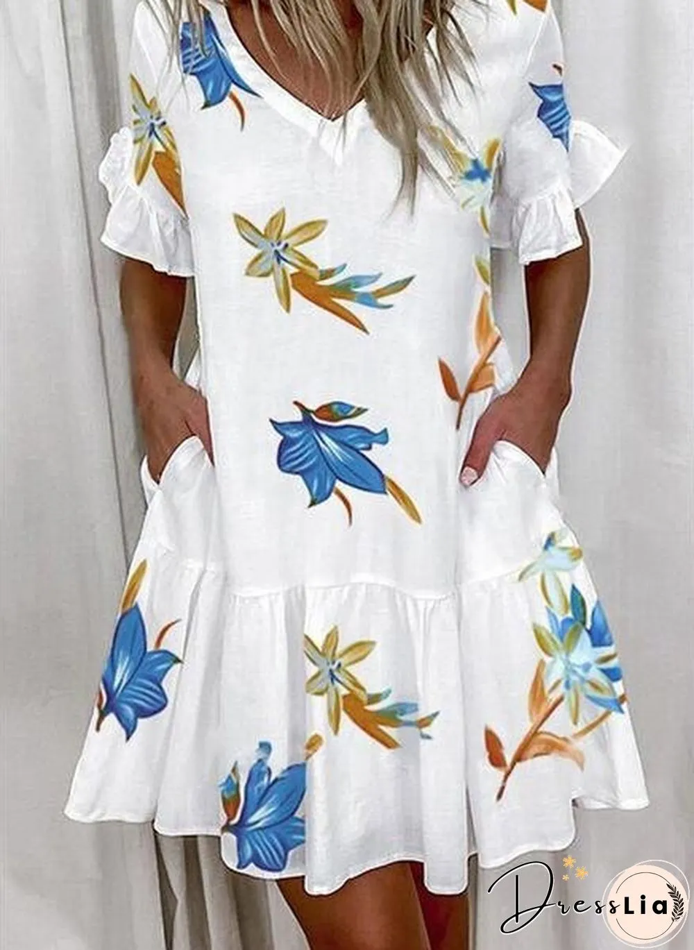 Printed Ruffle Pocket Dress Women Casual Loose Shoprt Sleeve Boho Vestidos Mujer