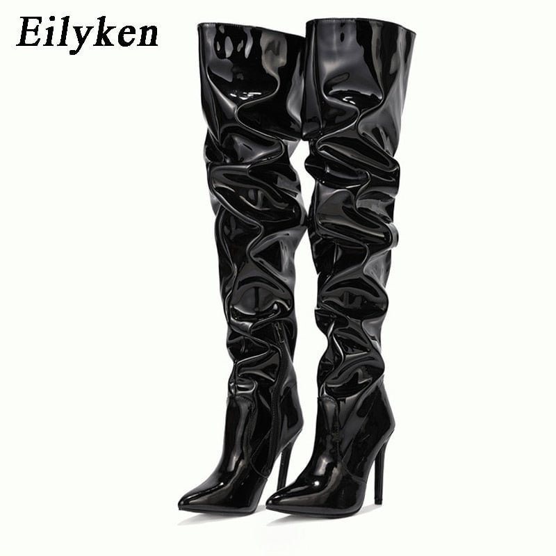 Eilyken 2022 New Thigh High Boots Fashion Patent Leather Pointed Toe Zip Female Stiletto Heels Pleated Design Women's Shoes