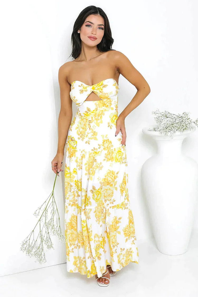 Twisted Strapless Tube Cutout Floral Print Tiered Pleated Vacation Yellow Maxi Dresses [Pre Order]