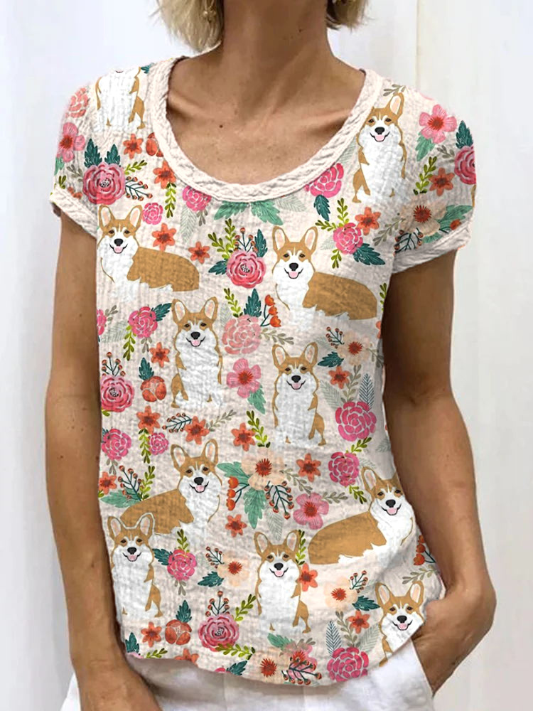 Comstylish Corgi Dog & Floral Print Linen Blend Shirt
