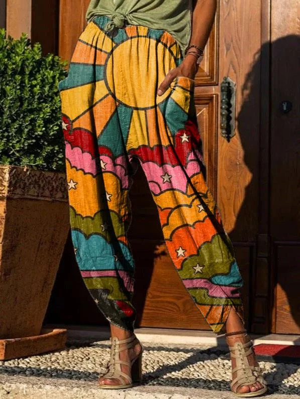 Women's Hippie Sun Rainbow Print Casual Trousers