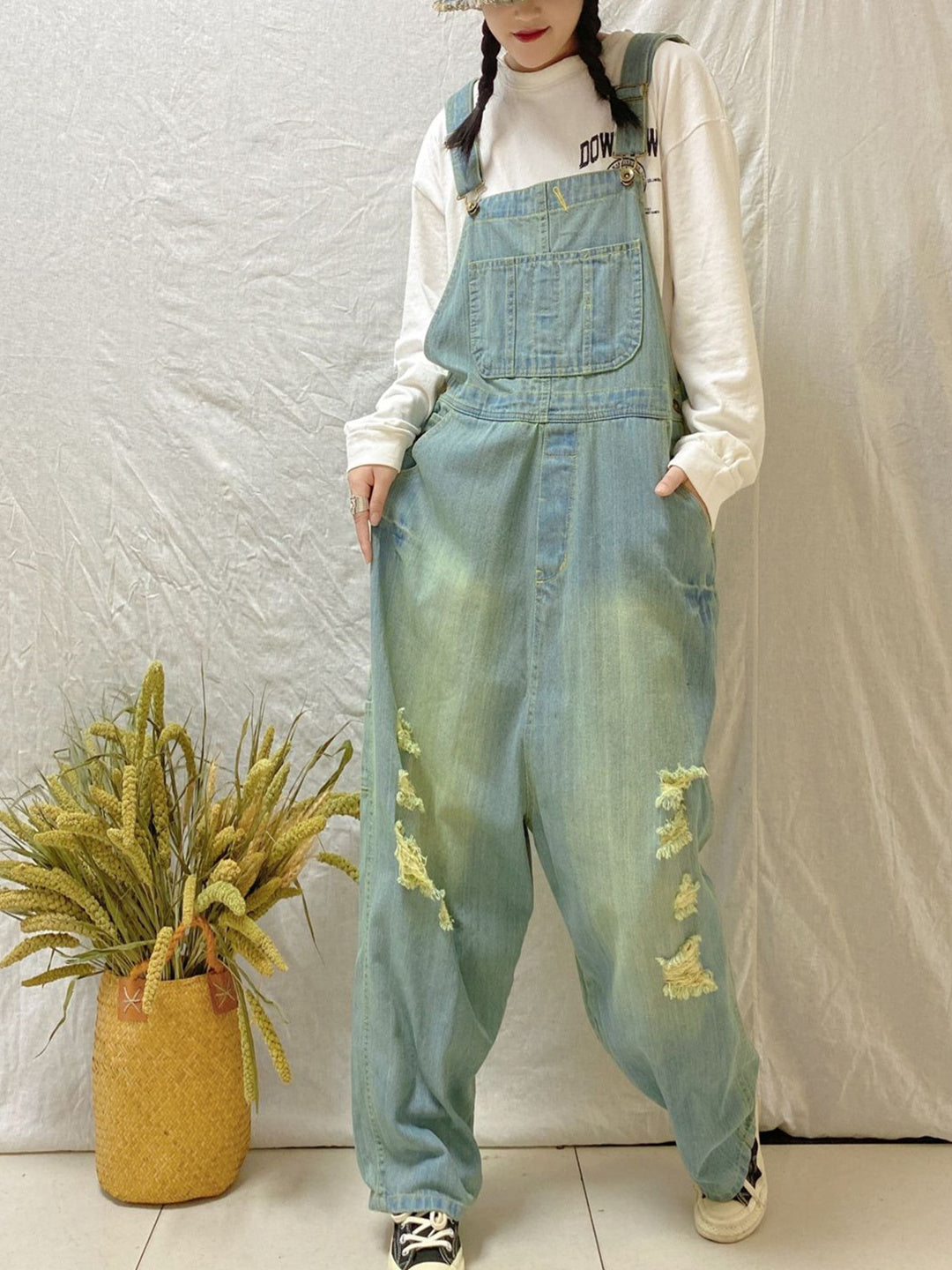 Women's Casual Retro Cropped Workwear Denim Overalls Jumpsuit