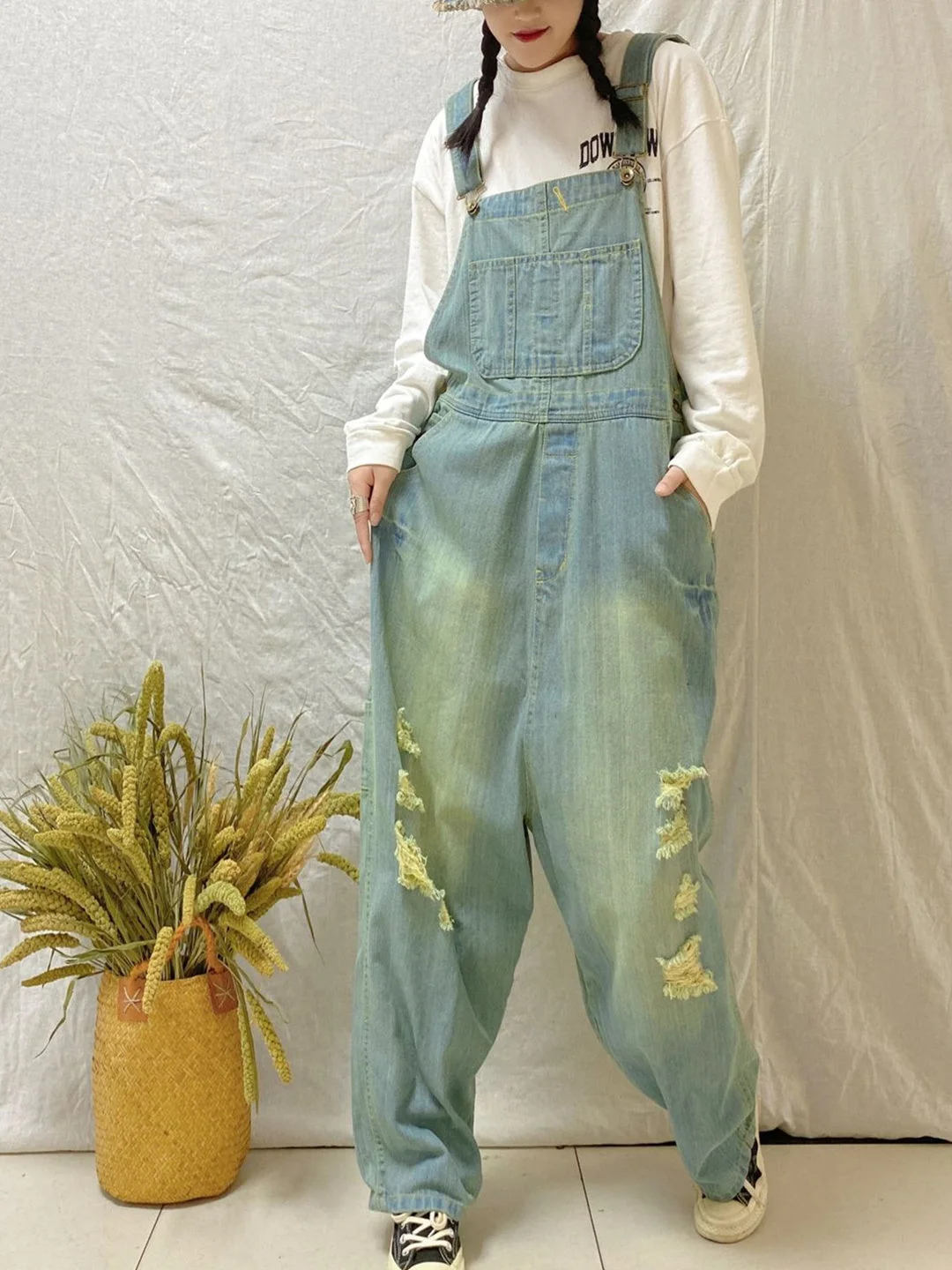 Women's Casual Retro Cropped Workwear Denim Overalls Jumpsuit