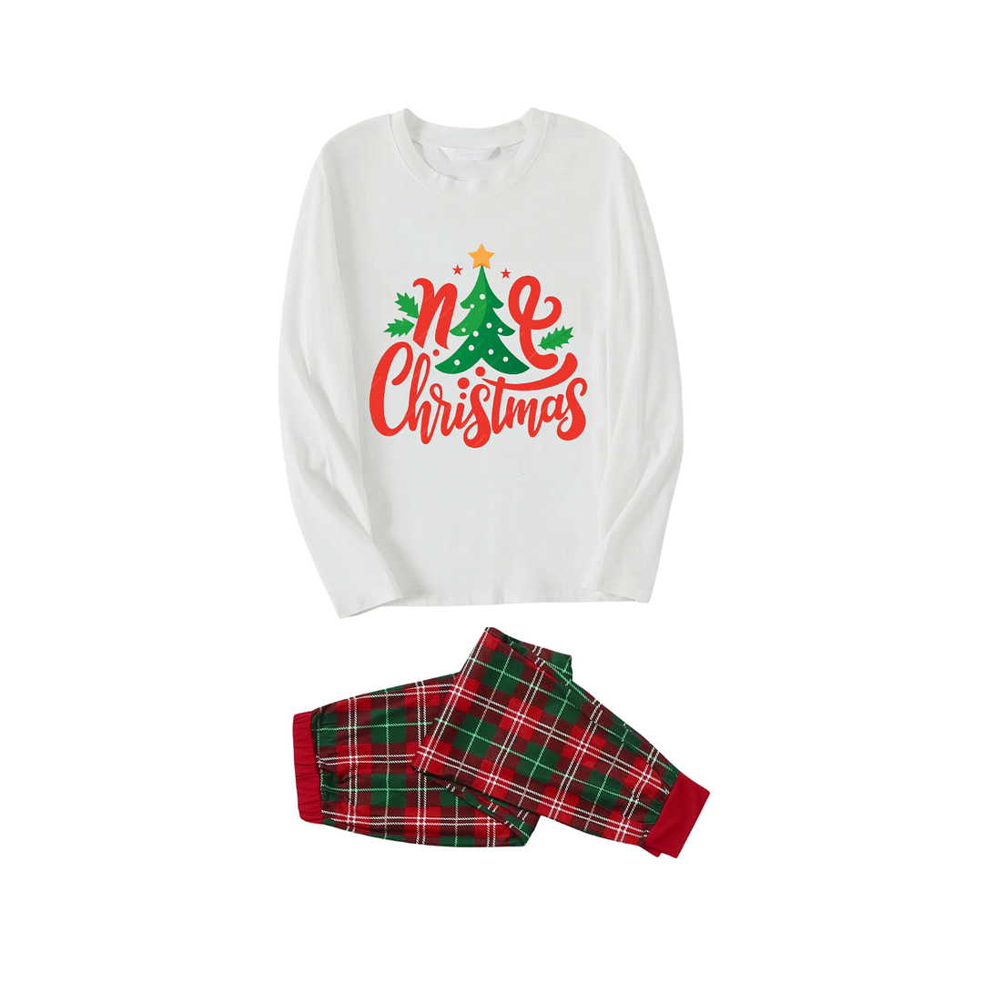 Christmas Tree with Stars and Colorful Pattern White Top with Red & Green Plaid Pants Family Matching Pajama