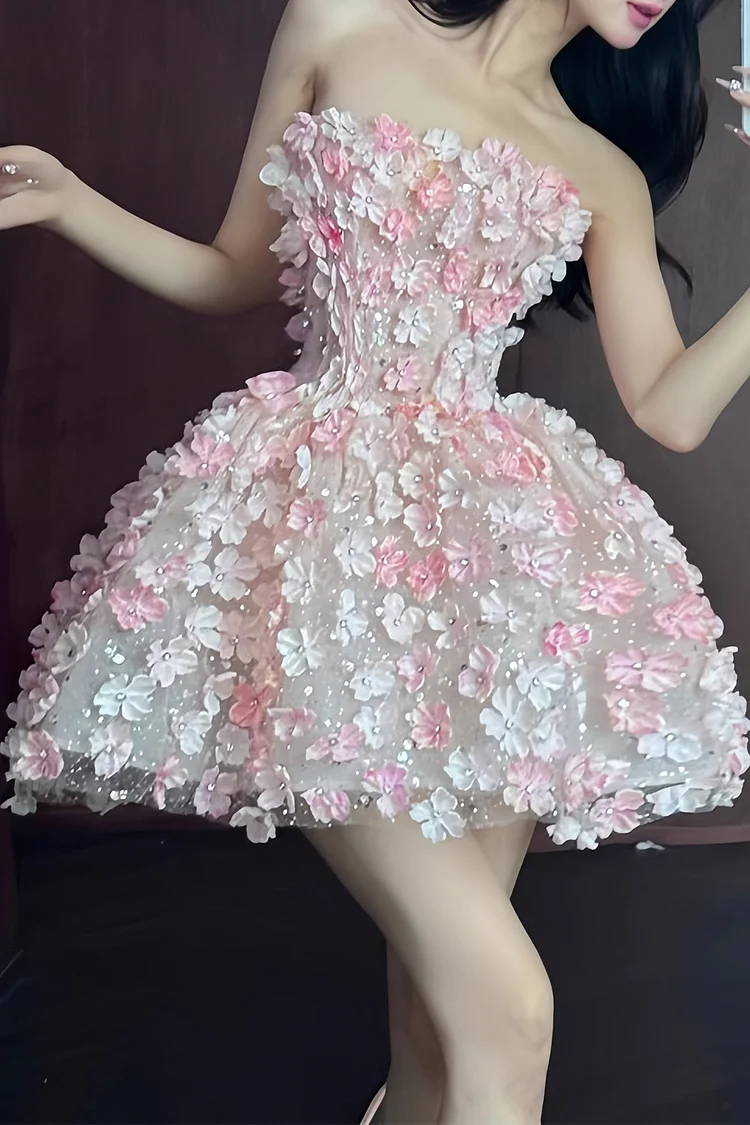 Strapless Stereo Floral Puffy Mini Dress-Pink