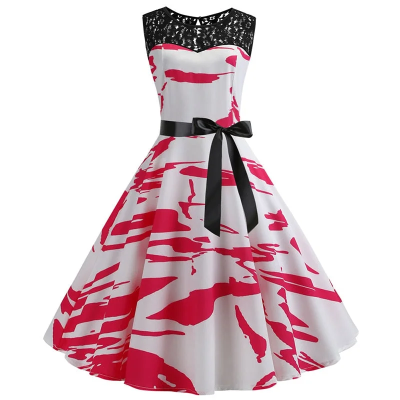 Lace Patchwork Floral Print Women Summer Dress Hepburn 50s 60s Elegant Vintage Dress Office Ladies A-Line Party Dresses Belt