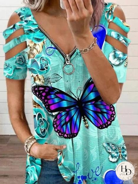 Butterfly Floral Print V-neck Zipper Short Sleeve T-shirt
