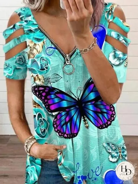 Butterfly Floral Print V-neck Zipper Short Sleeve T-shirt