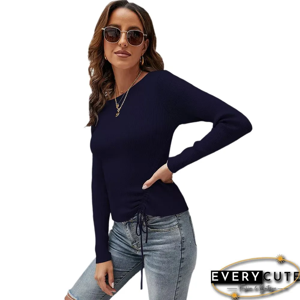 Solid Black Knitted Drawstring Long Sleeve Sweater