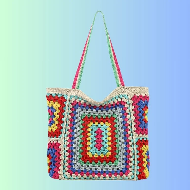 Lulusnow Handmade Blue Granny Square Beach Summer Bag,Vintage Handbag for Travel Crochet Shoulder Bag  