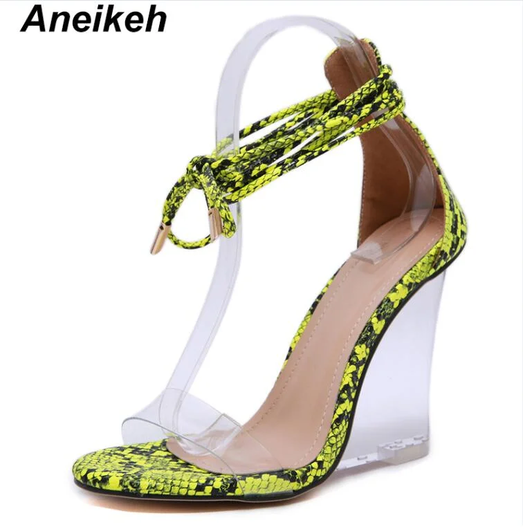 Aneikeh 2021 Fashion Women Shoes Peep Toe PVC Transparent Heel Wedges High Heels Sandals Summes Cross Strap Lace-Up Pumps