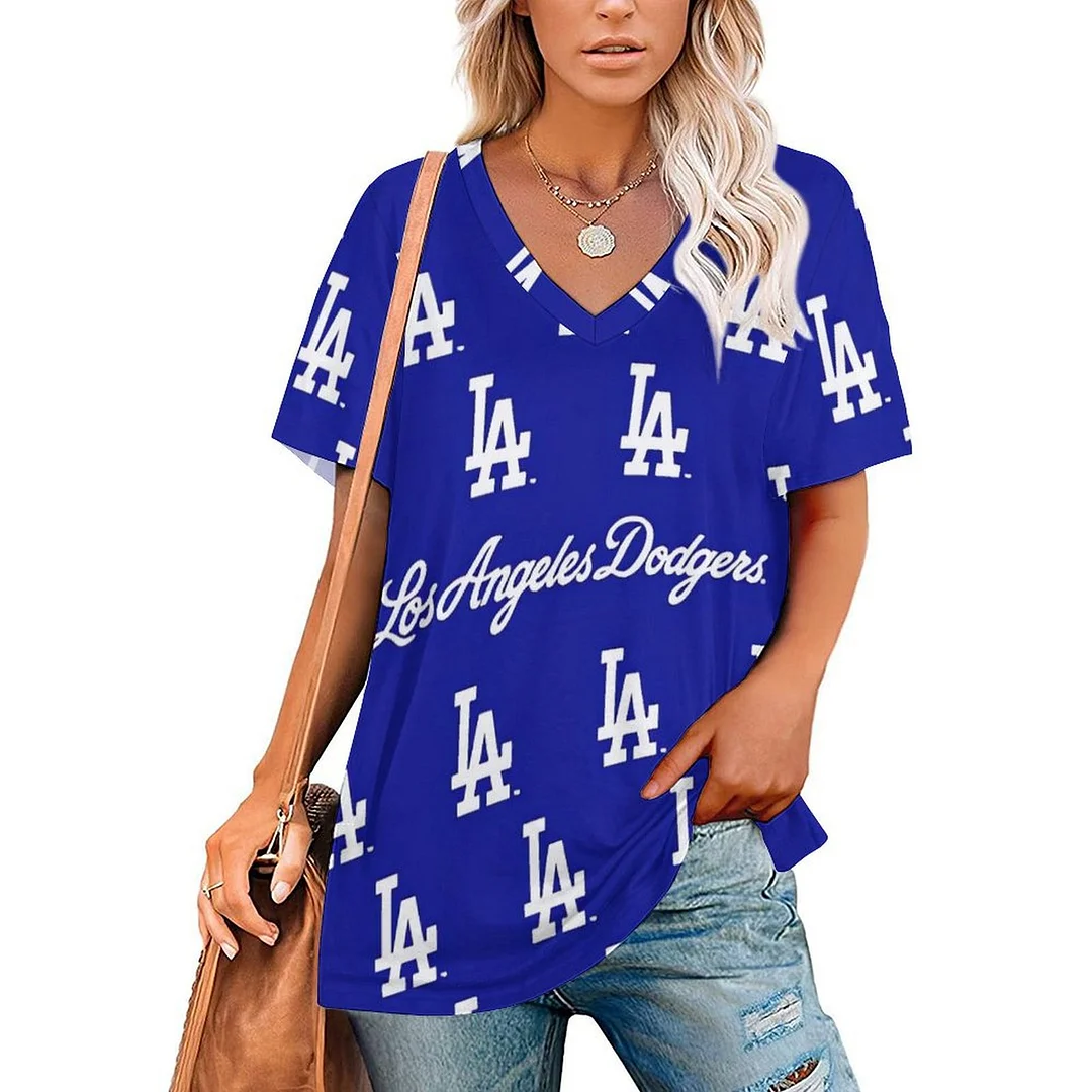 V-neck Short Sleeve Casual T-shirt for  Women Printed with Pattern , Blue, Red,