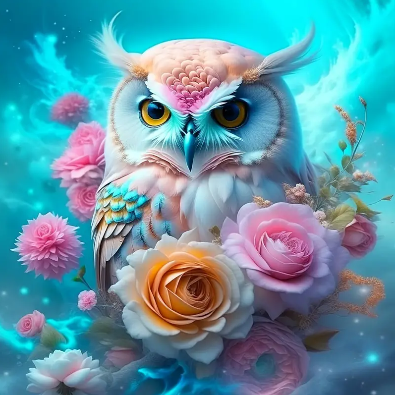 Flower Owl 50*50cm (canvas) full round drill(40 colors) diamond painting